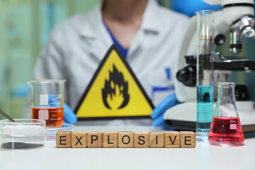 A laboratory scene vividly showcasing multiple explosive warning signs and various colorful...