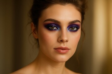 A woman with dramatic purple and blue smoky eye makeup