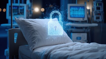 Digital padlock icon hovering over a hospital bed with medical equipment in the background symbolizing healthcare data security