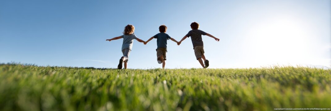 Three children holding hands joyfully run up a grassy hill under a bright blue sky, embracing the carefree spirit of summer vacation and creating cherished memories together