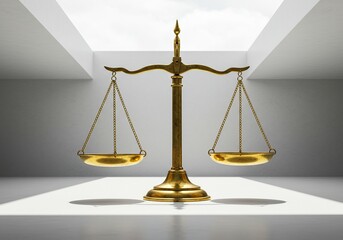 Golden Scales of Justice in a Bright, Minimalist Room - Symbol of Law, Balance, and Fairness.

