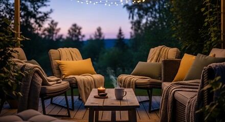 Cozy Outdoor Seating Area at Dusk with Coffee and Candle