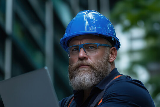 Portrait of a bearded foreman in hardhat and glasses working on laptop outdoors