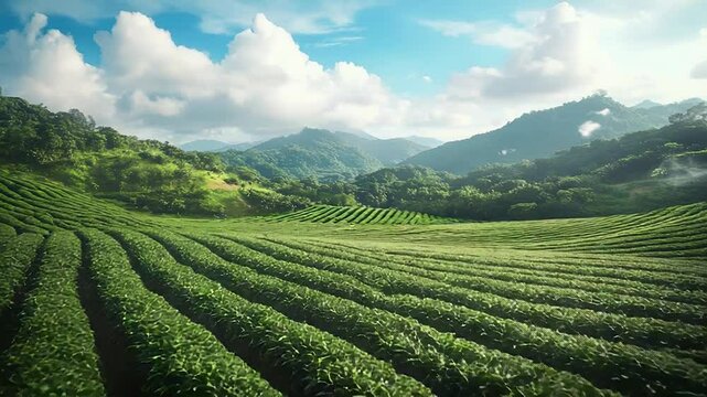 Green tea plantation covering the hills under a cloudy sky