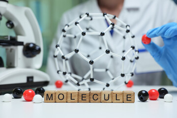 A visual representation of a molecule model being studied in a laboratory setting, typically with a...