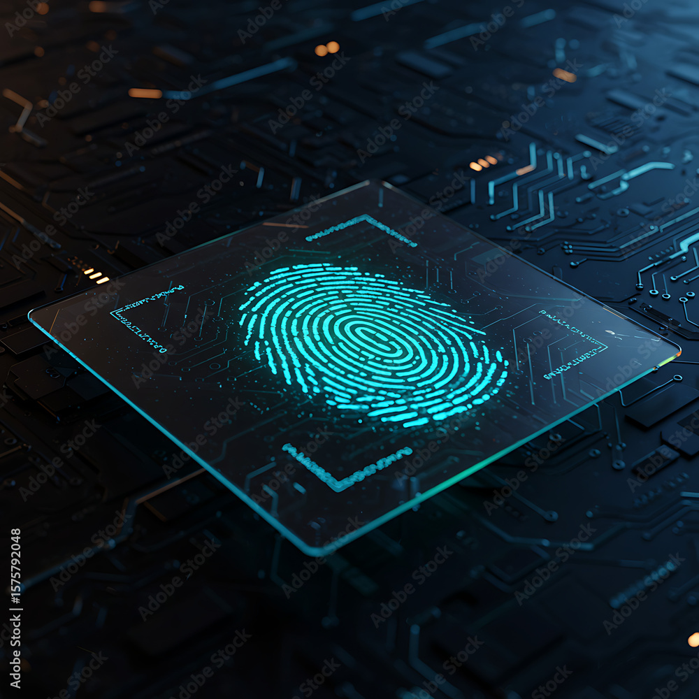 Poster glowing blue digital fingerprint displayed on a translucent screen above an intricate dark circuit b