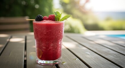 Refreshing Red Smoothie with Berries on a Wooden Table Outdoors