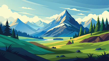 A bright, sunny day illuminates a picturesque mountain landscape with rolling green hills and a clear blue sky