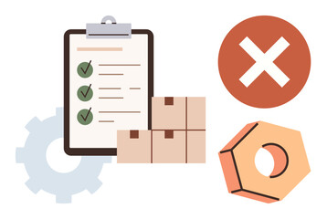 Clipboard with checklist, stacked boxes, gear, X mark, and hex nut. Ideal for logistics, manufacturing, inspection inventory management supply chain organization planning. Simple flat metaphor