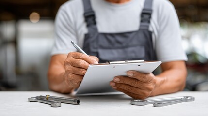 Senior mechanic taking notes on clipboard, calculating home repair expenses or preparing a quote for a client, with wrenches and pipes lying on workbench