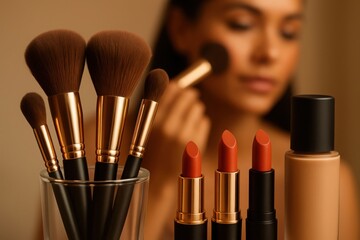 Makeup brushes and lipsticks arranged with foundation and a woman applying makeup