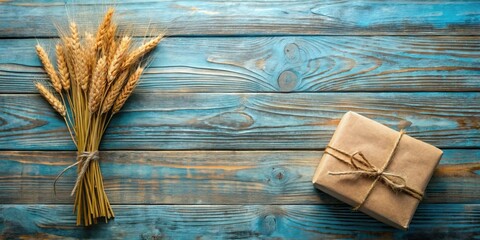 Obraz premium Rustic Wooden Background Featuring a Bundle of Wheat and a Simply Wrapped Gift