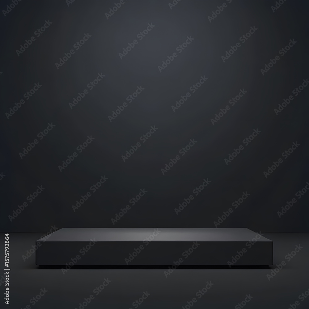 Poster minimalist dark grey rectangular podium or stage with soft spotlight from above in a studio setting