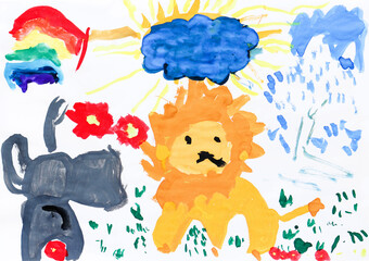 Children's drawing: painted lion and elephant. Children's creativity. Painting.