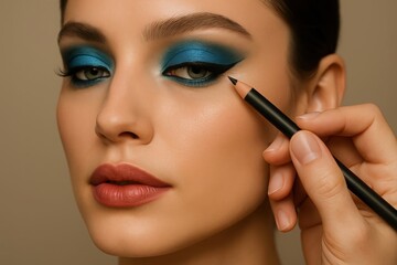 A makeup artist applies bold blue eyeliner to a womans eye