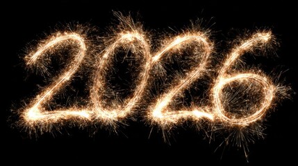 The year 2026 written in bright sparkling fireworks against a dark background