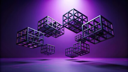 Floating Geometric Cubes in a Violet Hue Abstract Design of Interlocking Wireframe Structures