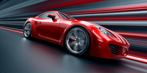 Obraz premium Red sports car racing through a futuristic tunnel with motion blur and glowing lights, emphasizing speed, performance, and cutting-edge automotive design