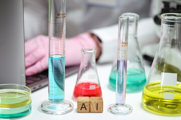 A vibrant lab scene showcasing AI's role in advanced scientific research through colorful solutions.