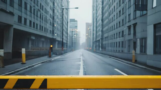 Yellow traffic barrier closing access to empty city street after rain