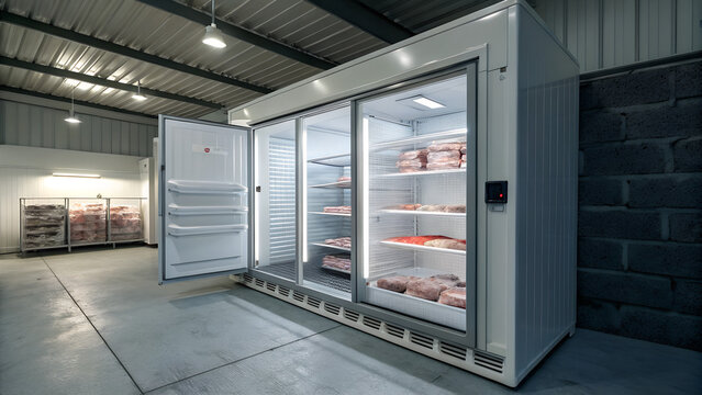 Interior of a large industrial cold storage room with glassfronted refrigerators filled with meat products