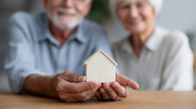 Happy retired couple holding a small wooden house model, symbolizing homeownership and representing the journey of downsizing or investing in real estate during retirement