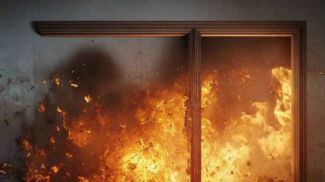 Explosion generating fire and debris through window