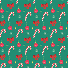 Christmas Festive Decorations Candy Cane Ribbon bow Ball and Snowflake Seamless Pattern Holiday Fond