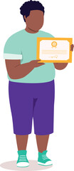 One Chubby Black Little Boy Standing And Showing His Certificate.
