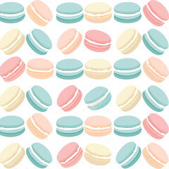 Stylized macarons in flat pastel tones arranged in playful, asymmetric pattern on a light 