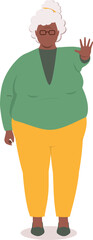 Front View Of A Plus Size Black Elderly Woman Standing With One Hand Showing A Stop Gesture.