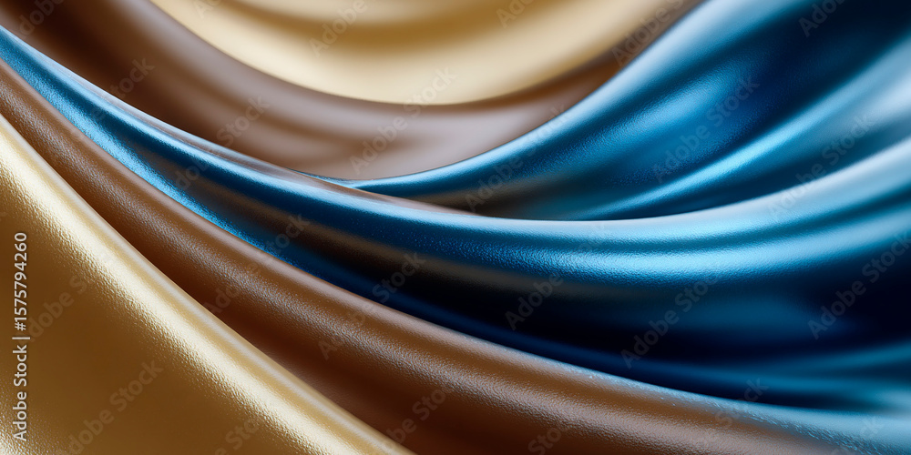 Poster smooth flowing fabric texture in rich blue, brown, and golden tones with a glossy satin finish, crea
