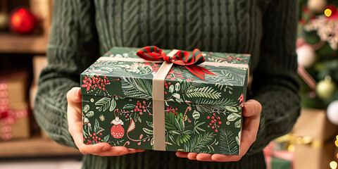 Christmas presents with festive pine cones and ornaments

