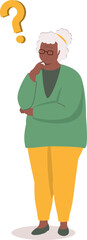One Plus Size Black Elderly Woman Standing And Thinking A Question With Her Hand On Chin.