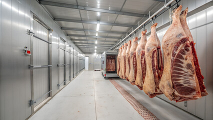 Rows of raw meat carcasses hanging on hooks inside a long, welllit industrial cold storage corridor