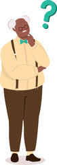 One Plus Size Black Elderly Man Standing And Thinking A Question With His Hand On Chin.