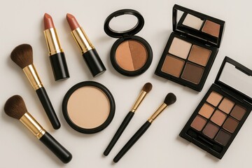 An array of makeup products featuring eyeshadow palettes, lipsticks, and brushes