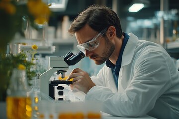 Researcher using a microscope to analyze cells in a medical lab, contributing to scientific research in healthcare and medical advancements, Generative AI