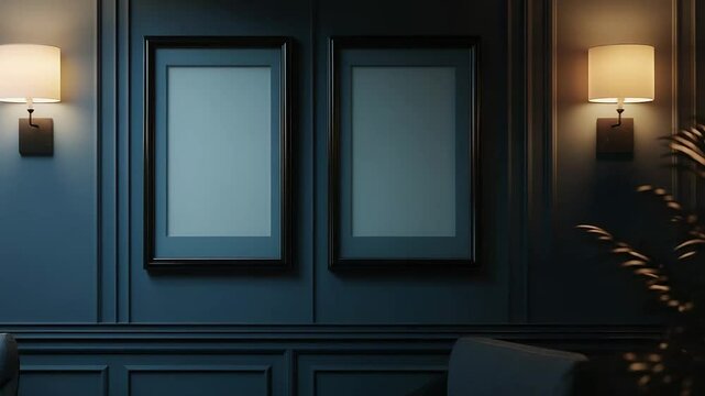 Three empty frames hanging on dark blue wall with elegant wall lamps illuminating room