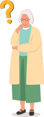 One Elderly Woman Standing And Thinking A Question With Her Hand On Chin.