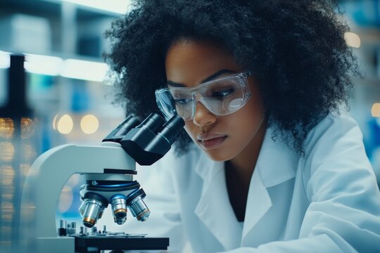 Researcher using a microscope to analyze cells in a medical lab, contributing to scientific research in healthcare and medical advancements, Generative AI