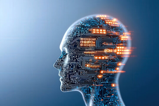 Futuristic representation of human head composed of intricate circuit patterns and glowing elements, symbolizing integration of technology and artificial intelligence. image evokes sense