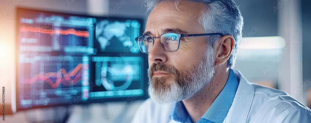 Poster focused professional analyzing data on multiple screens, showcasing financial trends and analytics i