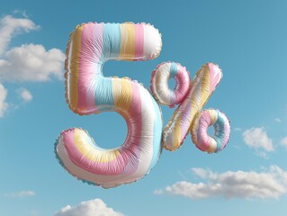 Pastel-striped balloon shaped like "5%" floats against a serene blue sky with soft clouds.