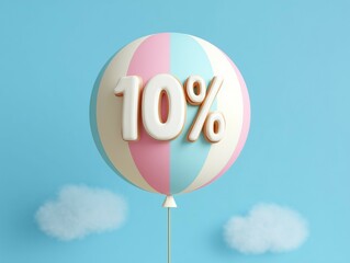 A whimsical depiction of a pastel-colored balloon bearing a '10%' discount tag, gracefully floating against a gentle sky backgroud with white clouds.