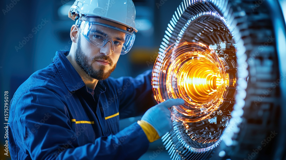 Poster technician operates high tech machine, showcasing advanced technology and precision. glowing compone