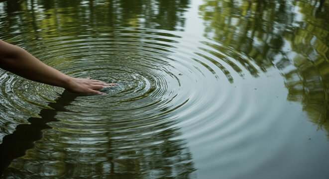 Closeup of a person's hand on water surface with water crest and ripples 