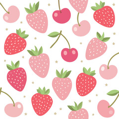 Stylized fruits cherry and strawberry in flat pastel tones arranged in playful