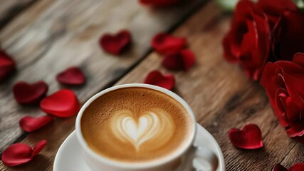 Cappuccino with latte art heart and red roses on rustic wooden table