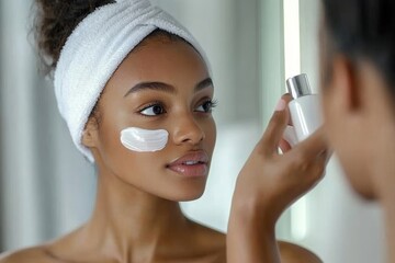 Wellness care concept, young woman looking in the mirror and applying facial skin care cream to her face, prioritizing skin health and self-care, Generative AI